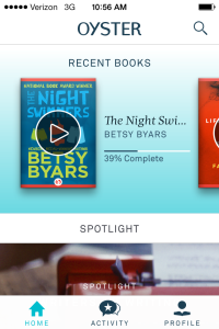 Oyster shows you the most recent books you've accessed on its main mobile screen.